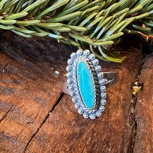 NOS Navajo Ring Blue Turquoise Oval Dainty Bell Trading Post Sterling Silver 7